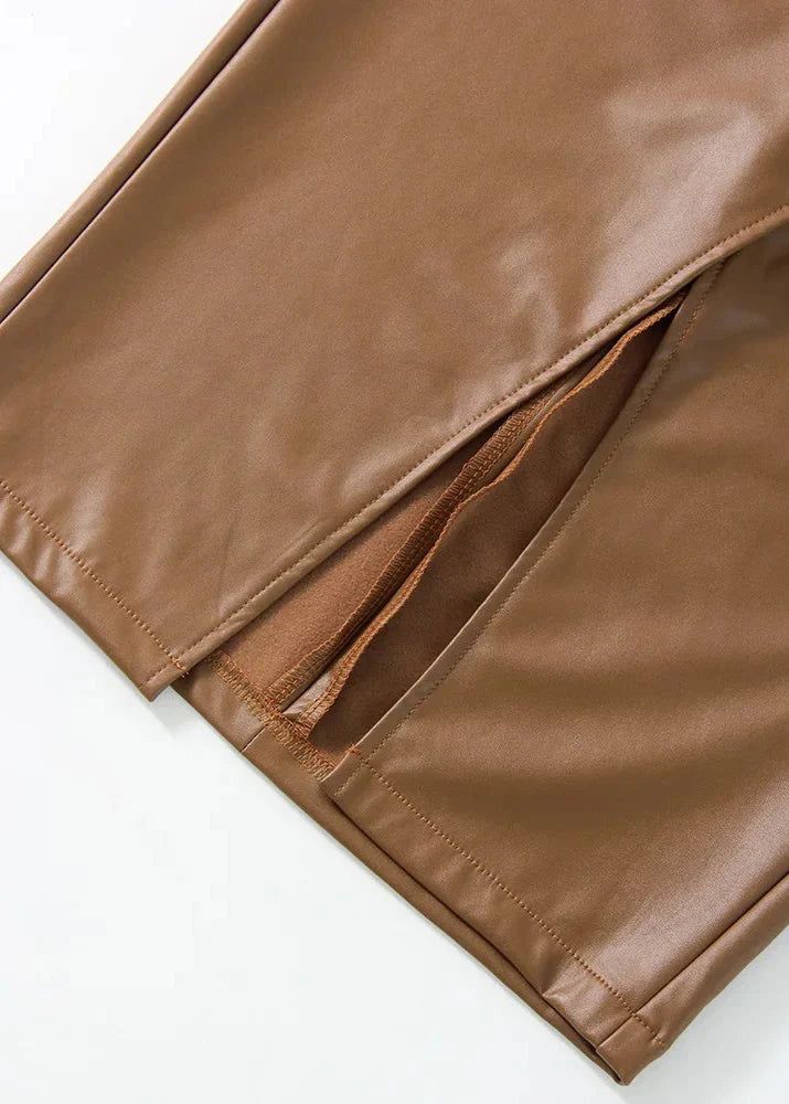 Draped Faux Leather Midi Skirt with Slit - Women's Elegant Pencil Skirt - Available in Black, Beige, Brown